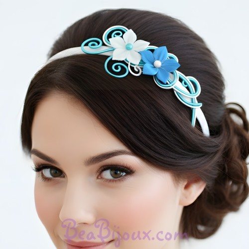 Serre-tête mariage blanc argent turquoise