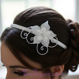 Serre-tête mariage blanc et argent + fleur STA353