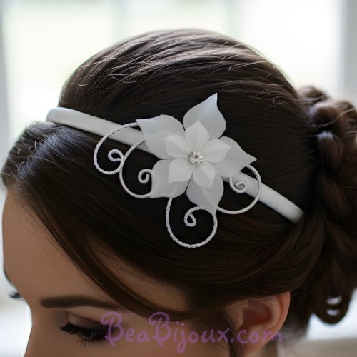 Serre-tête mariage blanc et argent + fleur