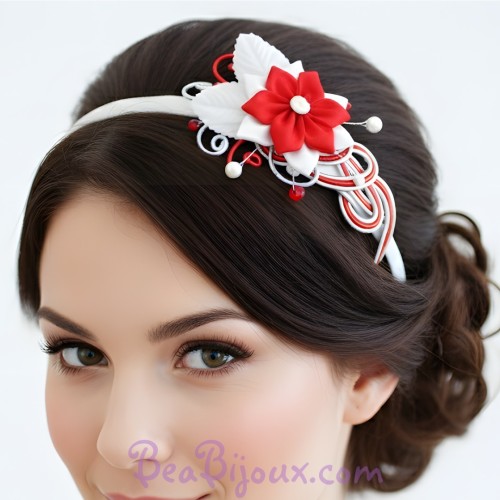 Serre-tête mariage rouge blanc argent fleur