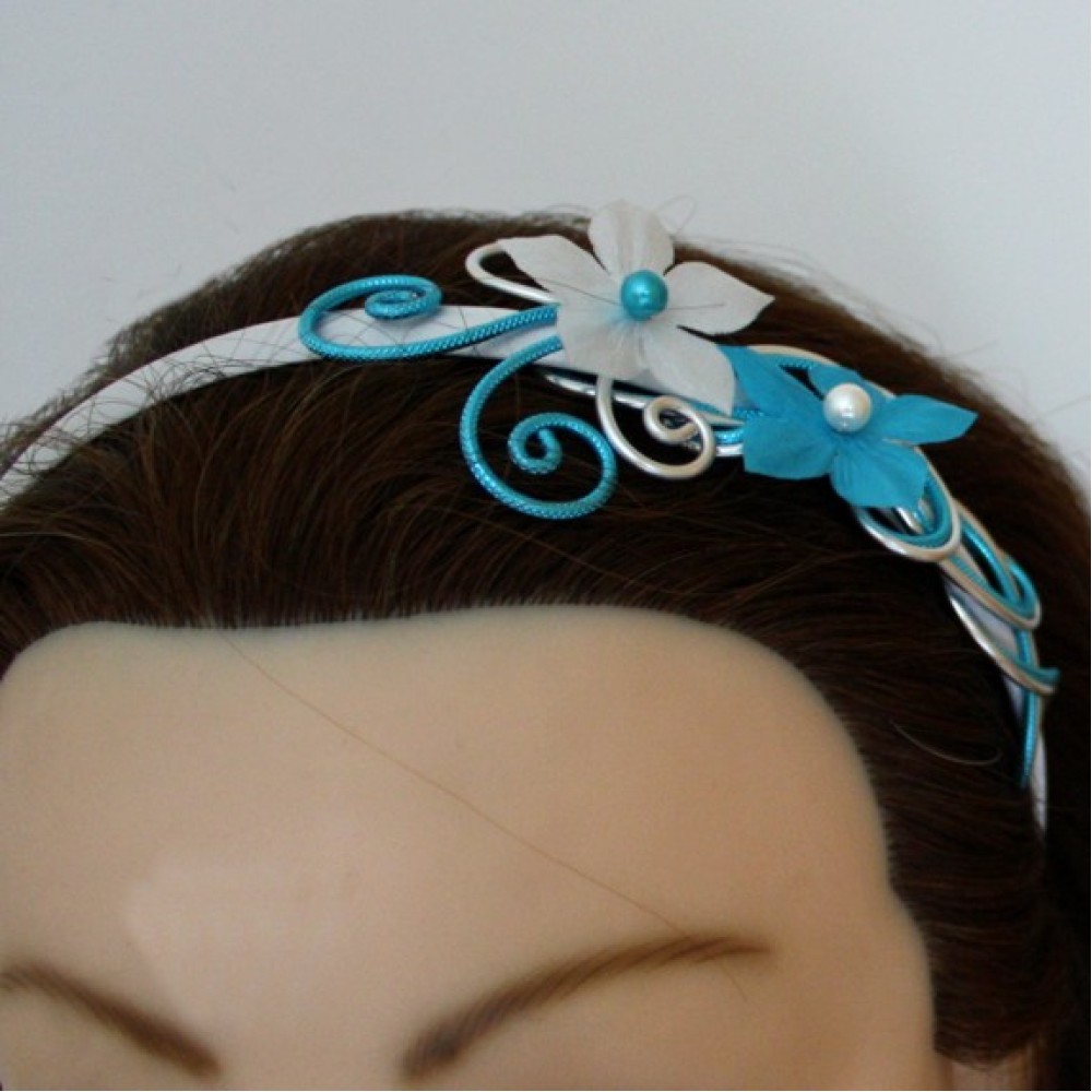 Serre-tête mariage blanc argent turquoise