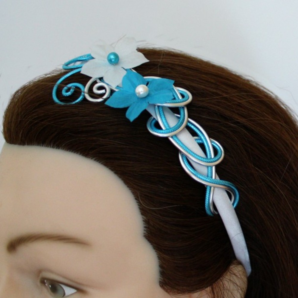 Serre-tête mariage blanc argent turquoise