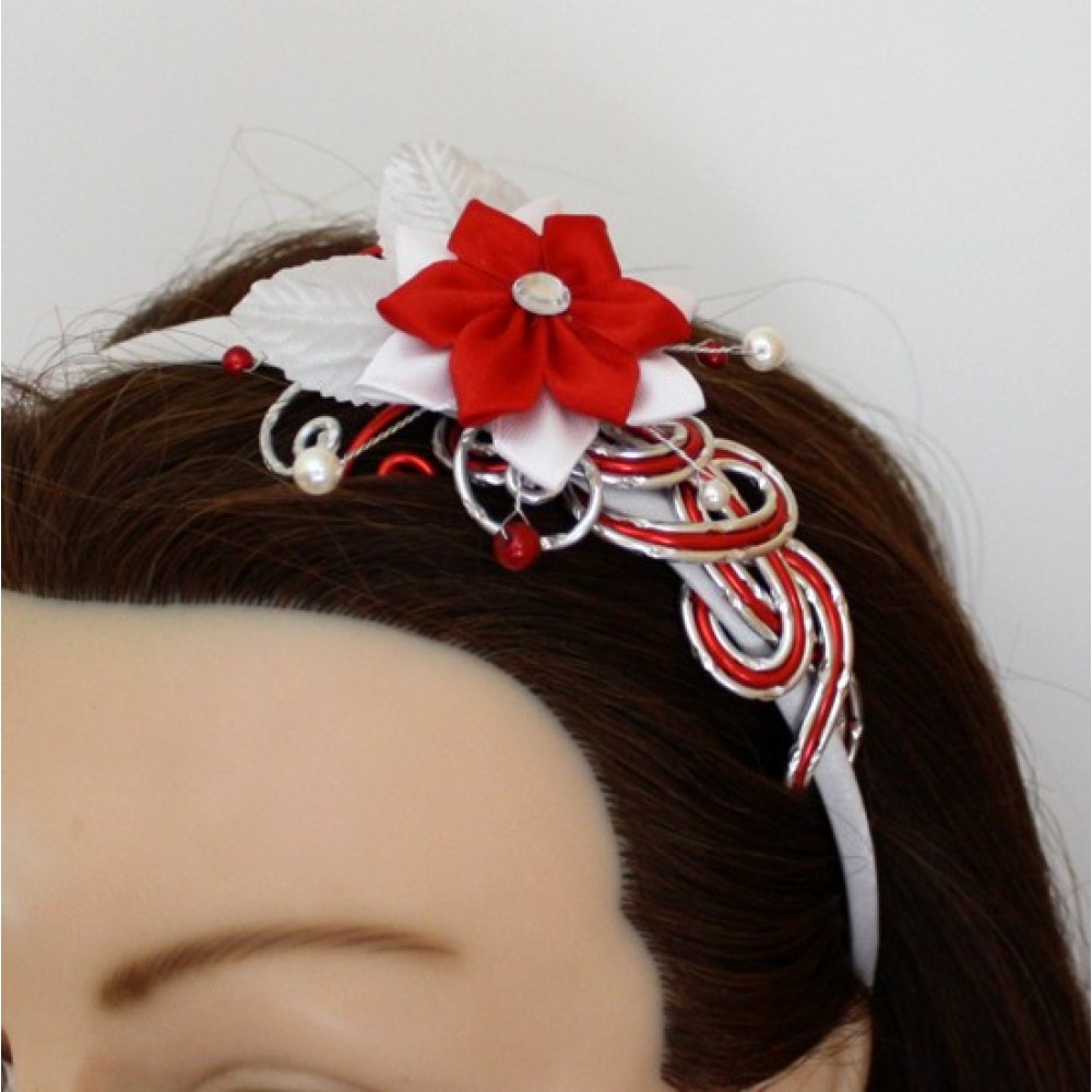 Serre-tête mariage rouge blanc argent fleur