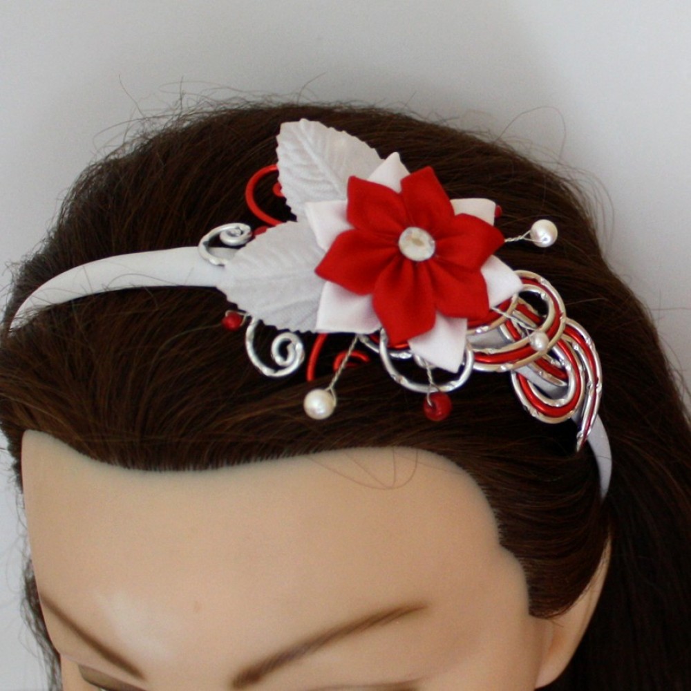 Serre-tête mariage rouge blanc argent fleur