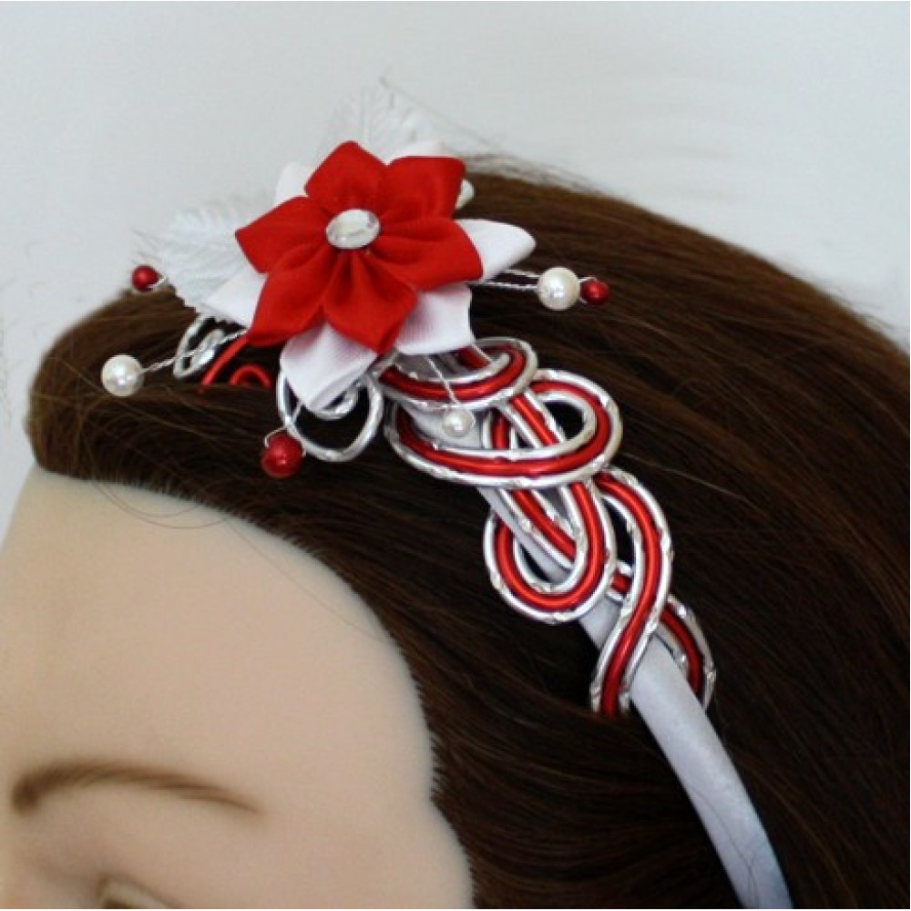 Serre-tête mariage rouge blanc argent fleur