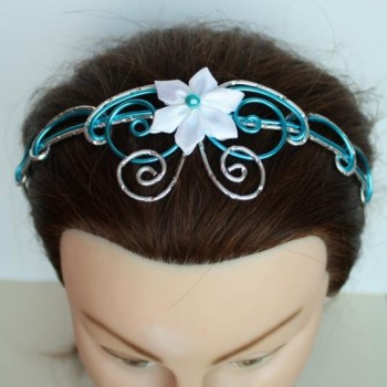 Serre-tête mariage argent et turquoise et fleur blanche ST338