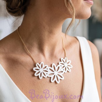 Collier mariage fleurs simili cuir blanc CO7001