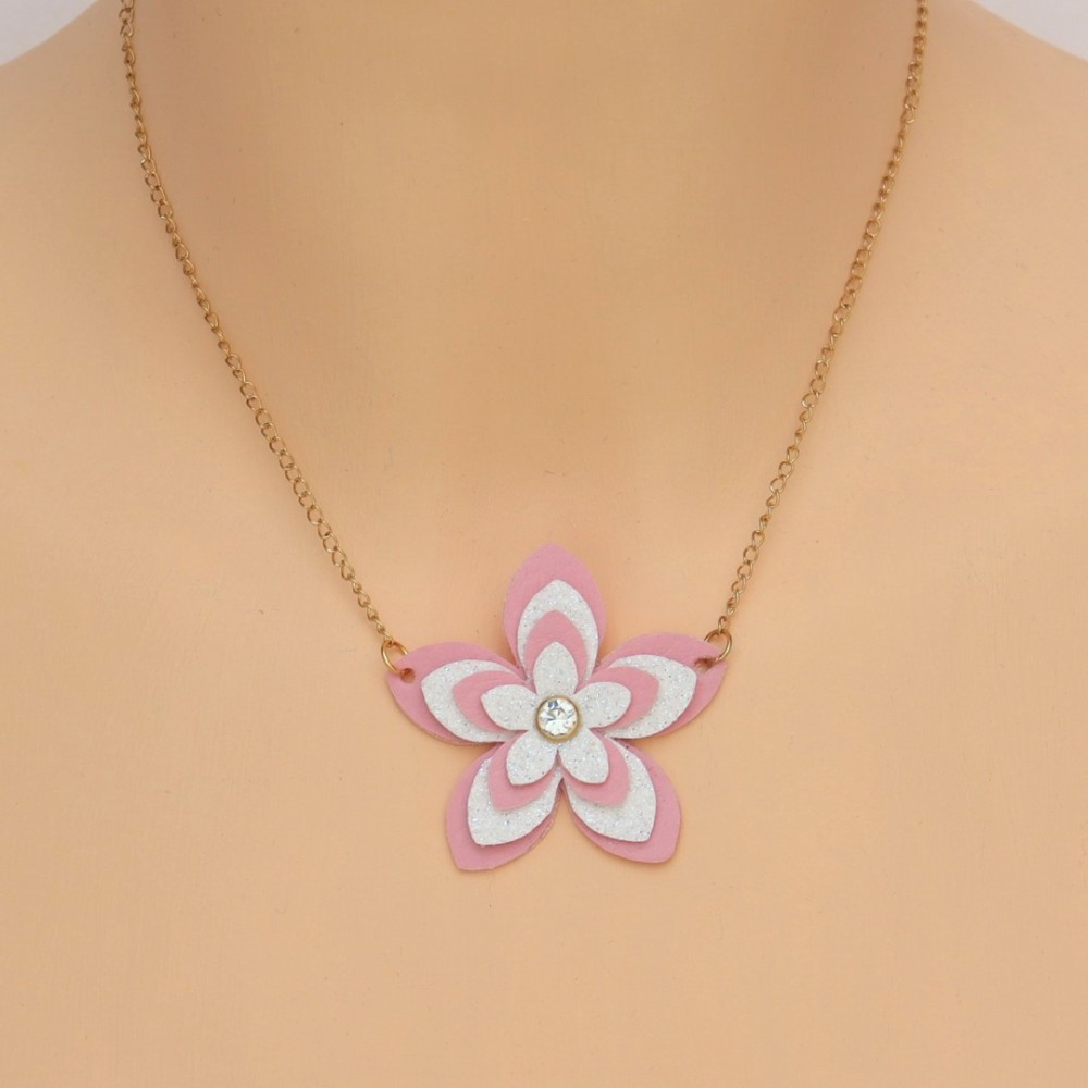 Collier pendentif fleur rose et blanc pailleté