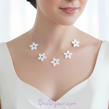 Collier 5 fleurs blanches simili cuir CO7007