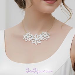 Collier mariage fleurs simili cuir blanc CO7001