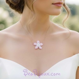 Collier pendentif fleur rose et blanc pailleté CO7010