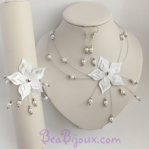 Parure de Mariage Fleurs Satin Blanc et Argent