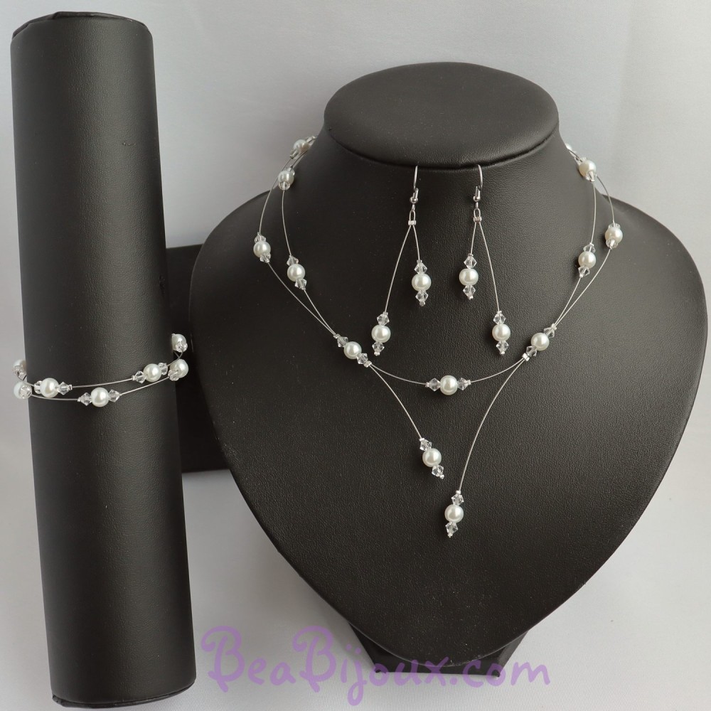 Parure de Mariage perles blanches et cristal Parure de Mariage perles blanches et cristal