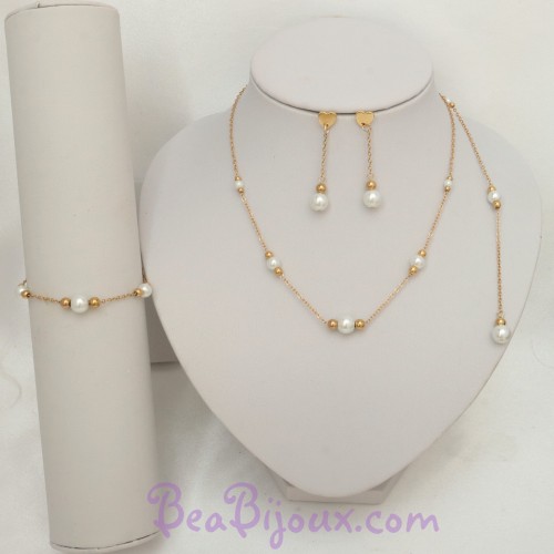Parure mariage minimaliste perles nacrées et dorées