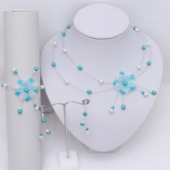 Parure mariage fleur bleu turquoise blanc PA1285A