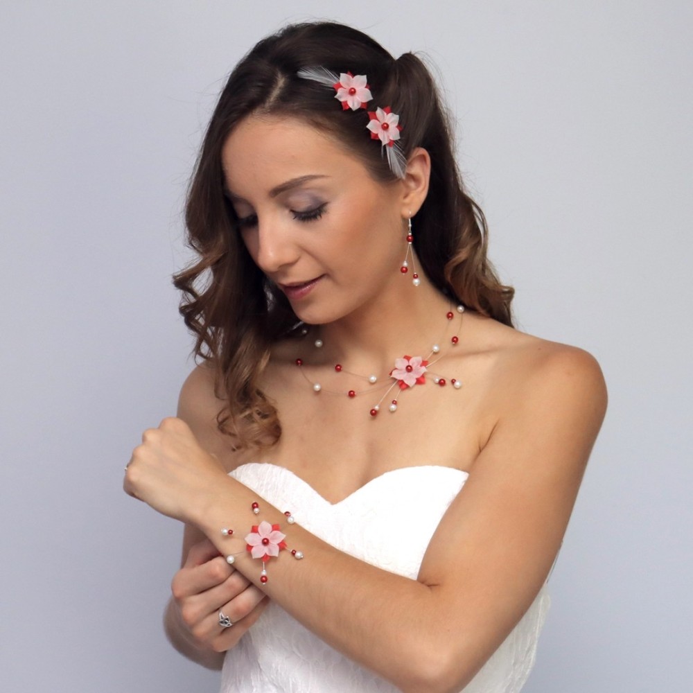 Parure mariage fleur rouge blanc