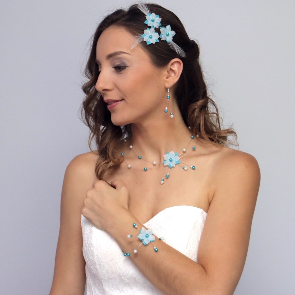 Bracelet mariage fleur bleu turquoise blanc