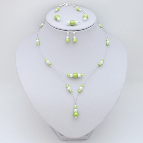 Parure de mariage perles vert anis et blanc