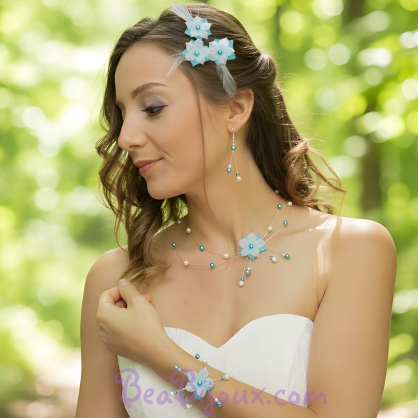 Collier Bleu Turquoise/Argenté/Blanc cassé Fleur robe Mariée
