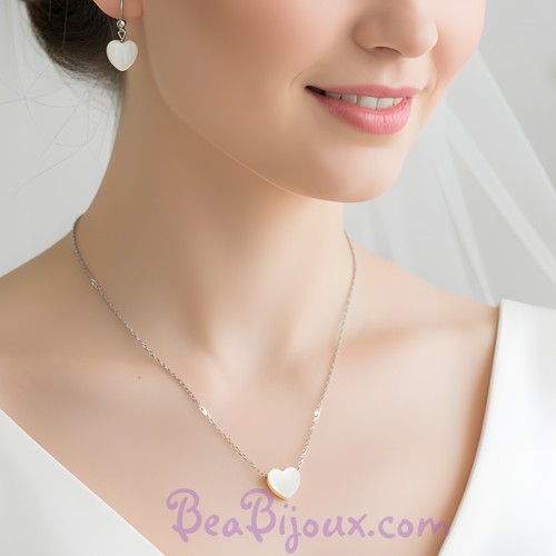 Parure cœur en nacre blanc crème