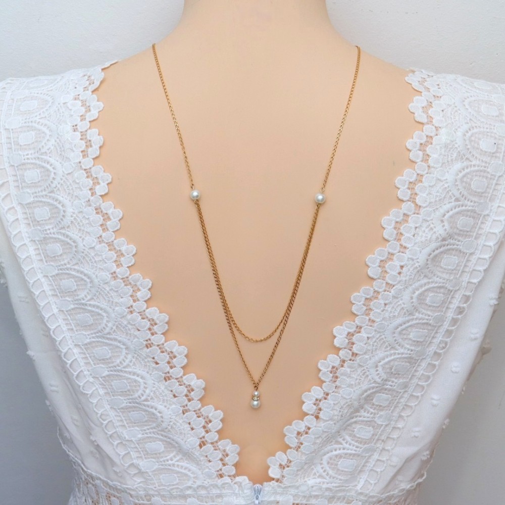 Collier de dos or perles nacrées blanches et strass