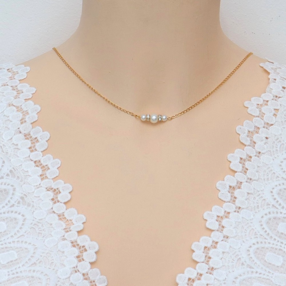 Collier de dos or perles nacrées blanches et strass