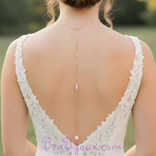 Bijou de dos perles et strass sur chaîne or fin 24K