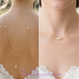 Collier de dos or perles nacrées blanches et strass CD6501