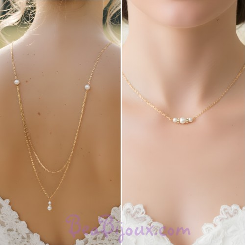 Collier de dos or perles nacrées blanches et strass