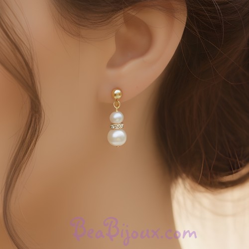 Boucles d'oreilles blanc nacré strass doré