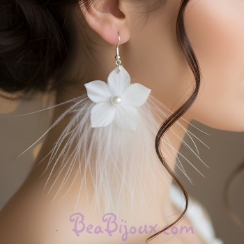 Boucles d'oreilles fleur plumes blanc BO1242A