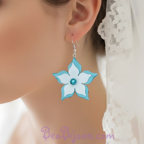 Boucles d'oreilles fleur turquoise blanc