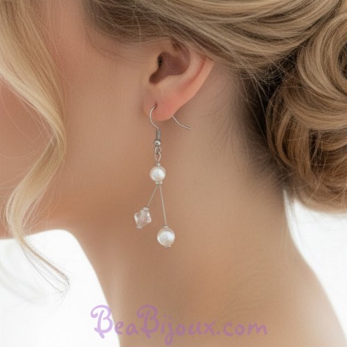 Boucles d oreilles mariage blanc cassé et cristal