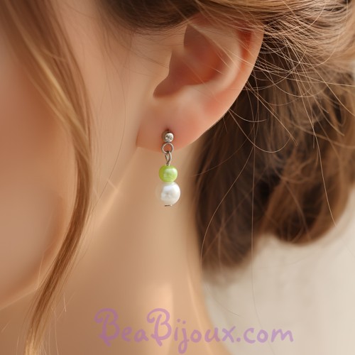 Boucles d'oreilles mariage blanc et vert anis