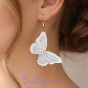 Boucles d'oreilles papillons blanc argent BO1271A