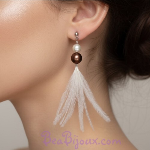 Boucles d oreilles ivoire chocolat plumes