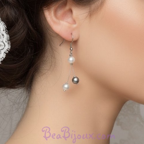 Boucles d oreilles mariage gris et blanc