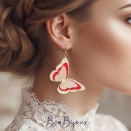 Boucles d'Oreilles Mariage Papillon Satin Blanc et Rouge
