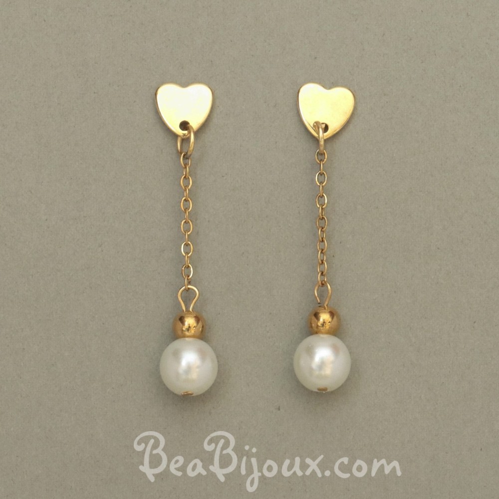 Boucles d'oreilles coeur doré perles blanches Boucles d'oreilles coeur doré perles blanches