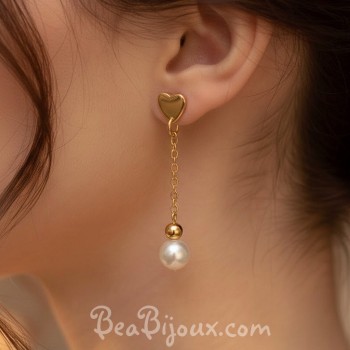Boucles d'oreilles coeur doré perles blanches BO5009