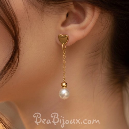 Boucles d'oreilles coeur doré perles blanches