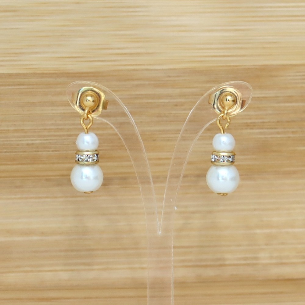 Boucles d'oreilles blanc nacré strass doré