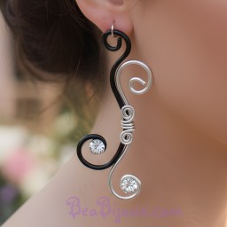 Boucles d'oreilles noir et argent + strass BOA300