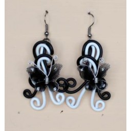 Boucles d oreilles noir blanc + papillons BOA291