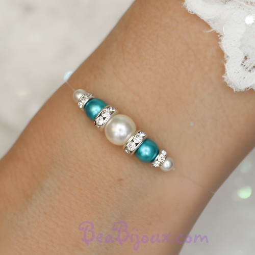 Bracelet mariage blanc turquoise strass