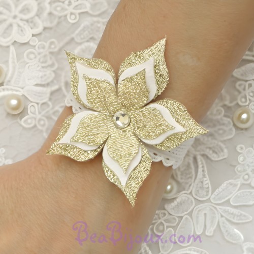 Bracelet mariage fleur blanche et or