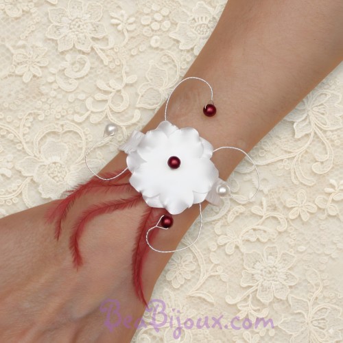 Bracelet mariage fleur plumes ivoire clair bordeaux