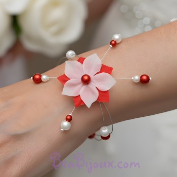 Bracelet mariage fleur rouge blanc BR1285A