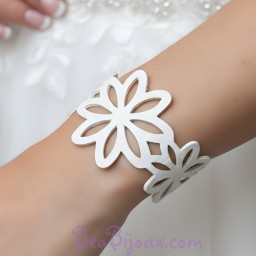 Bracelet mariage fleurs simili cuir blanc BR7001