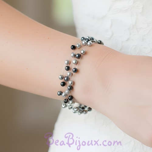 Bracelet mariage perles grises et noir